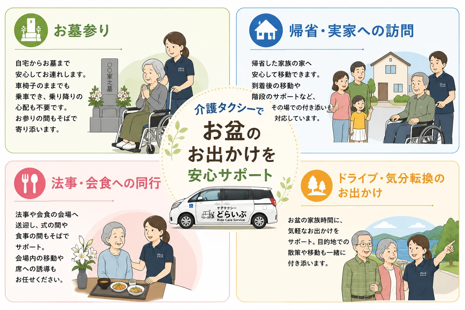 お盆の外出を介護タクシーでサポート