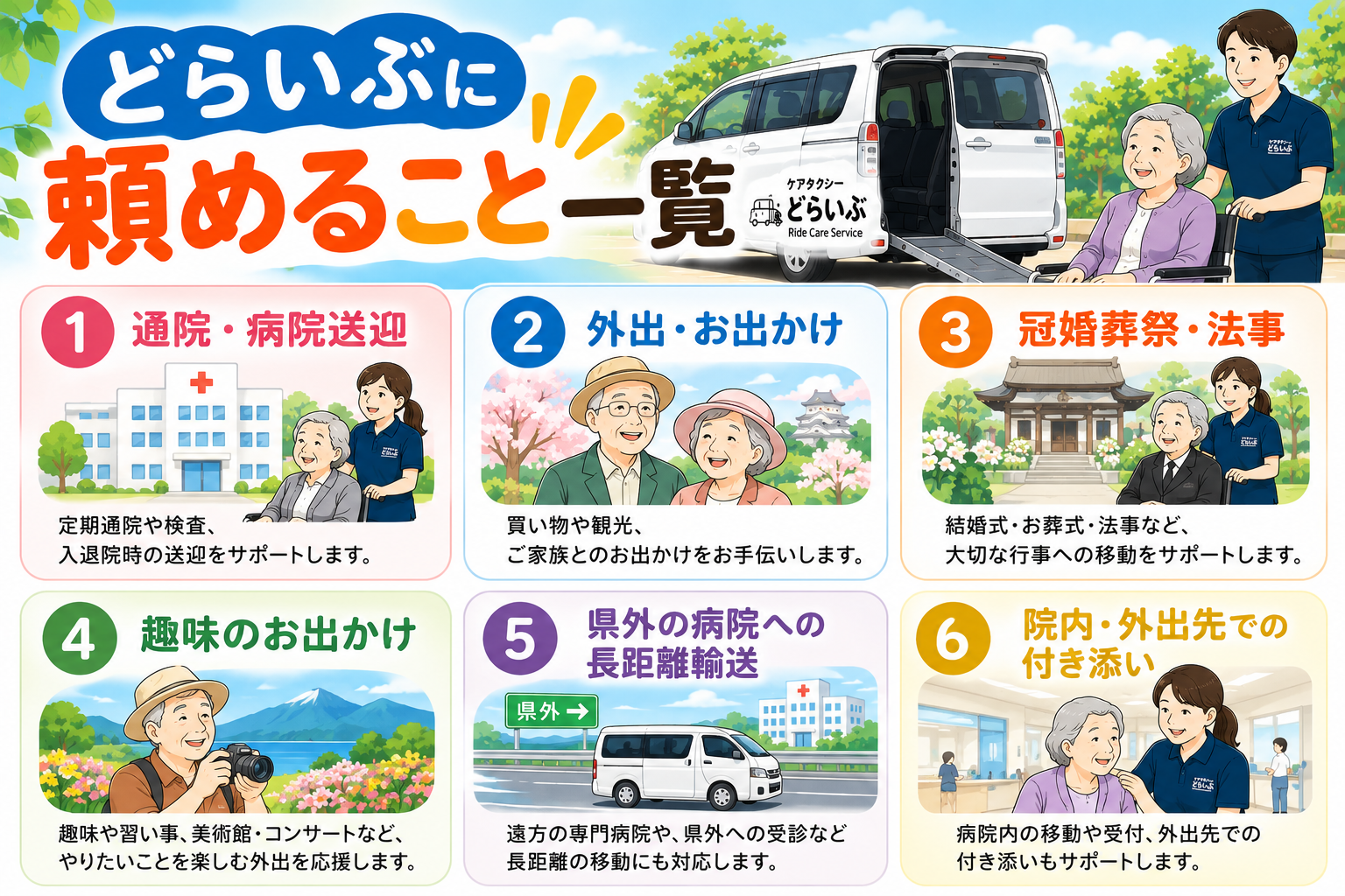ケアタクシーどらいぶの対応シーン一覧