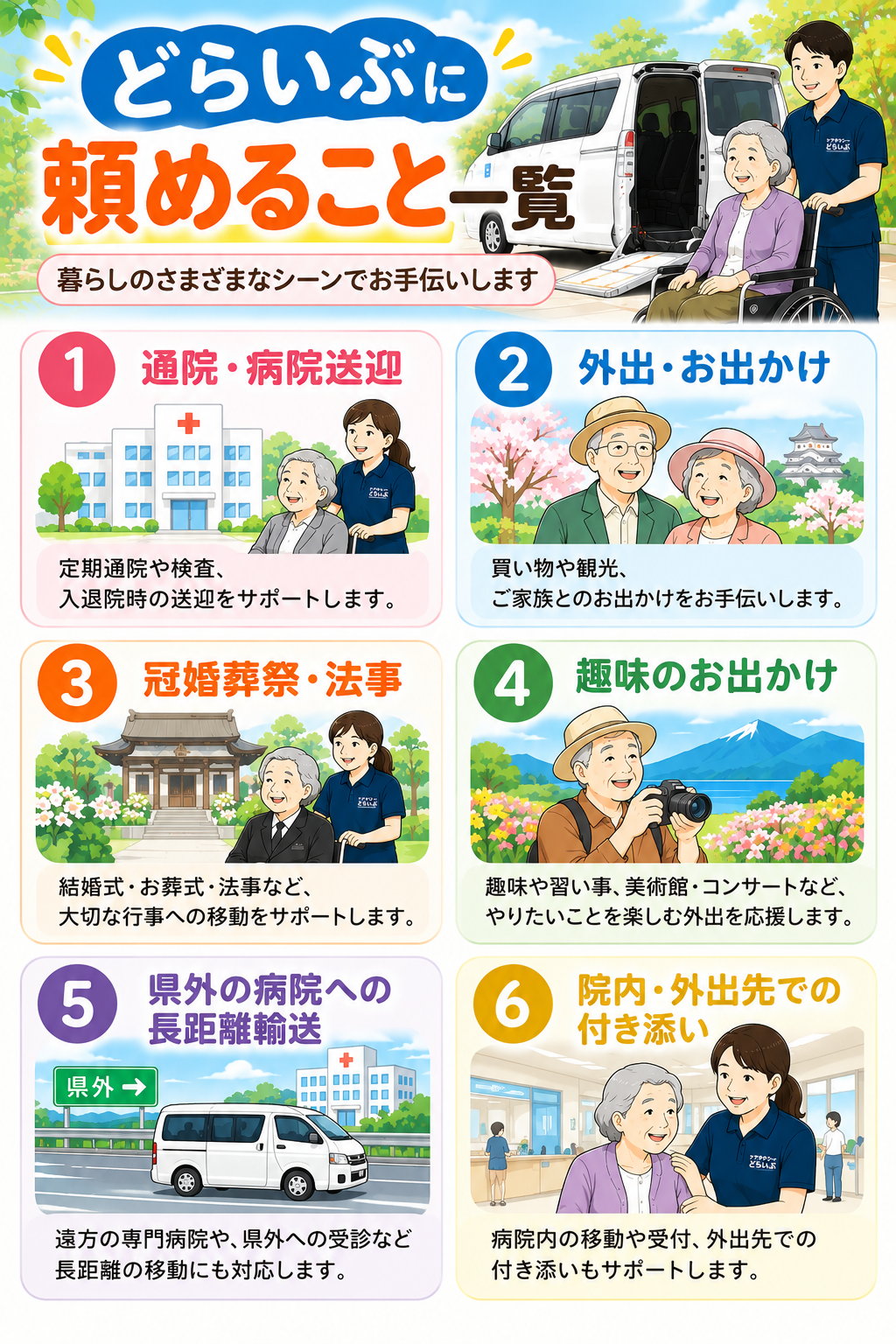 ケアタクシーどらいぶの対応シーン一覧